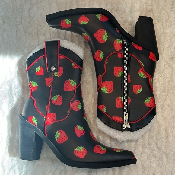 DOLLS KILL X STRAWBERRY SHORTCAKE Black Red Strawberry Heeled western Boots 10 - Picture 2 of 10